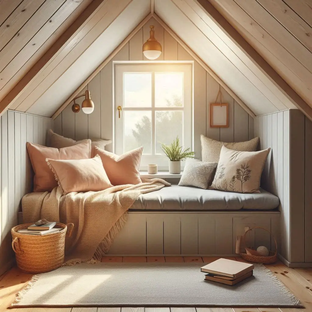 Cozy reading nook in attic with pillows and window seat