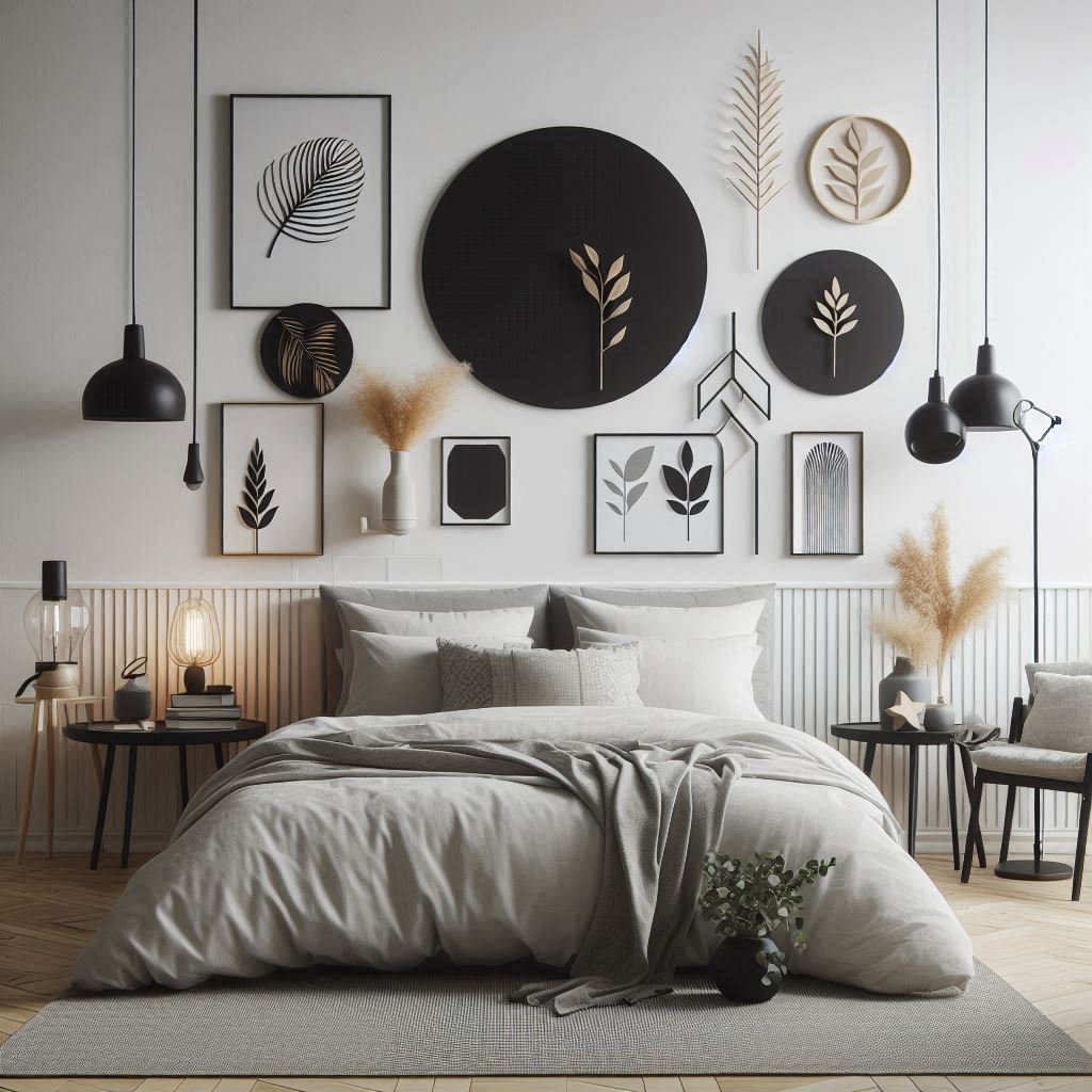 Modern wall stickers in a black and white themed bedroom.