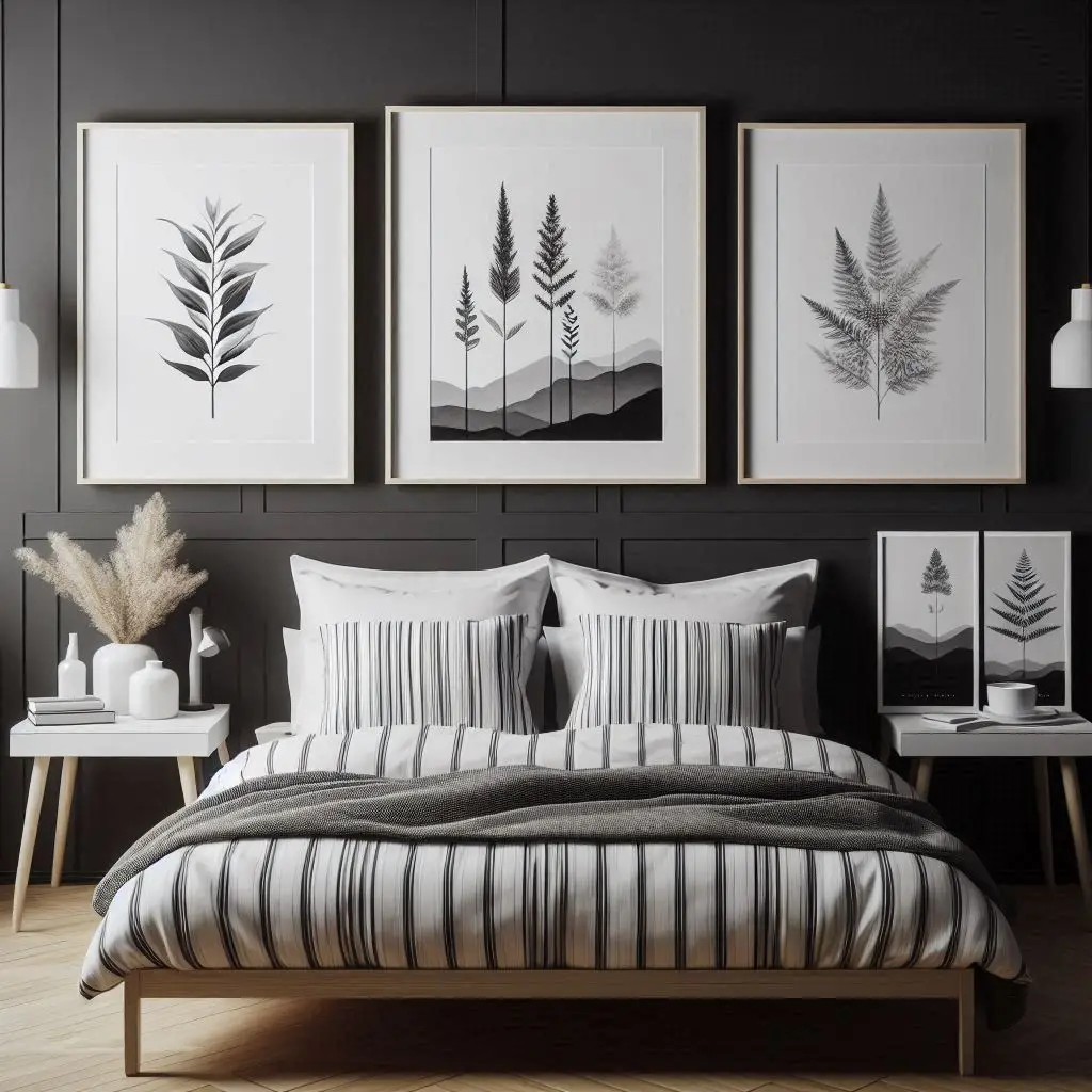 Monochrome bedroom wall with bold typography art.