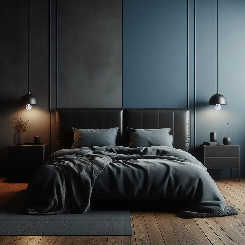 Two-tone blue and gray bedroom wall design.