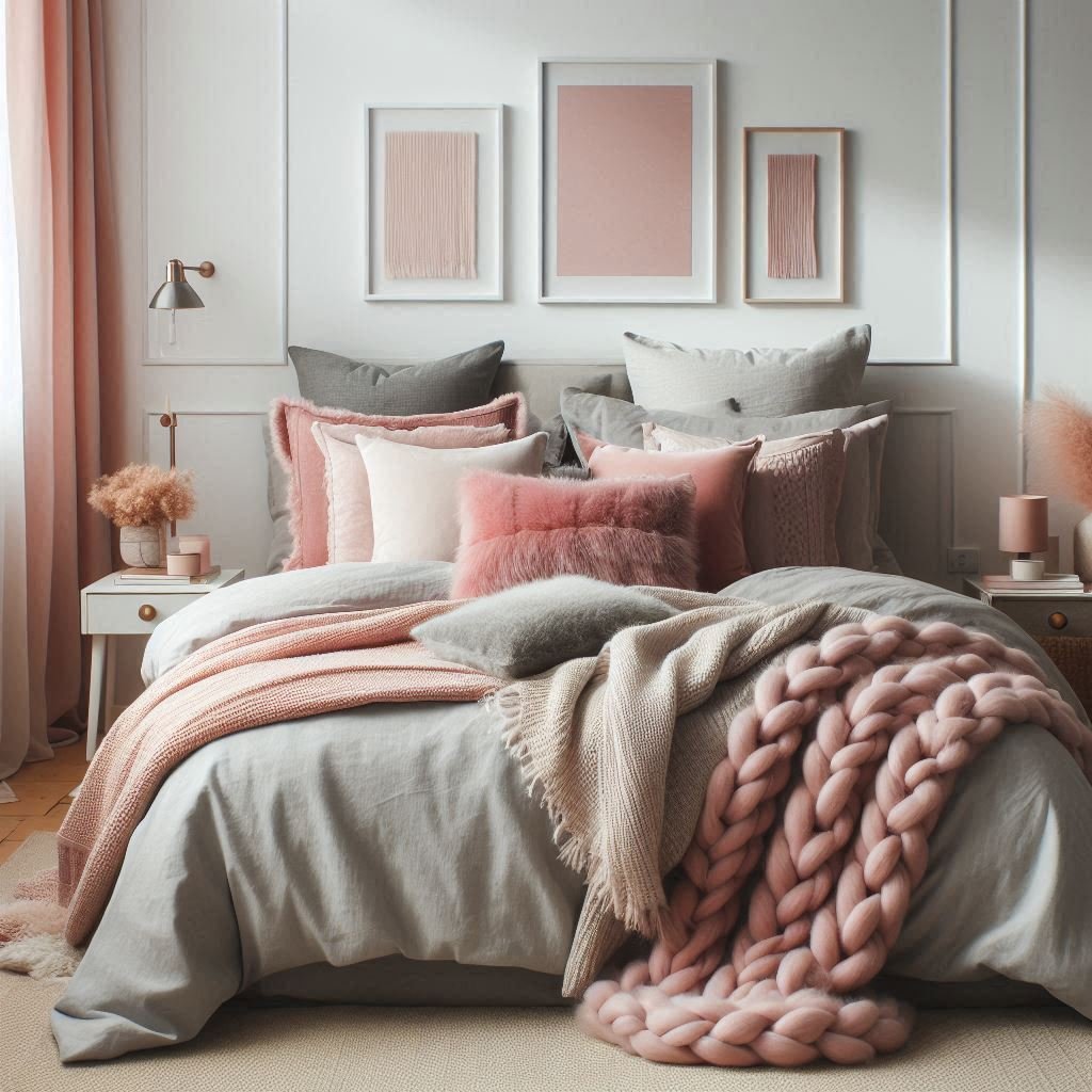 Layered Textiles in Pink & grey bedroom