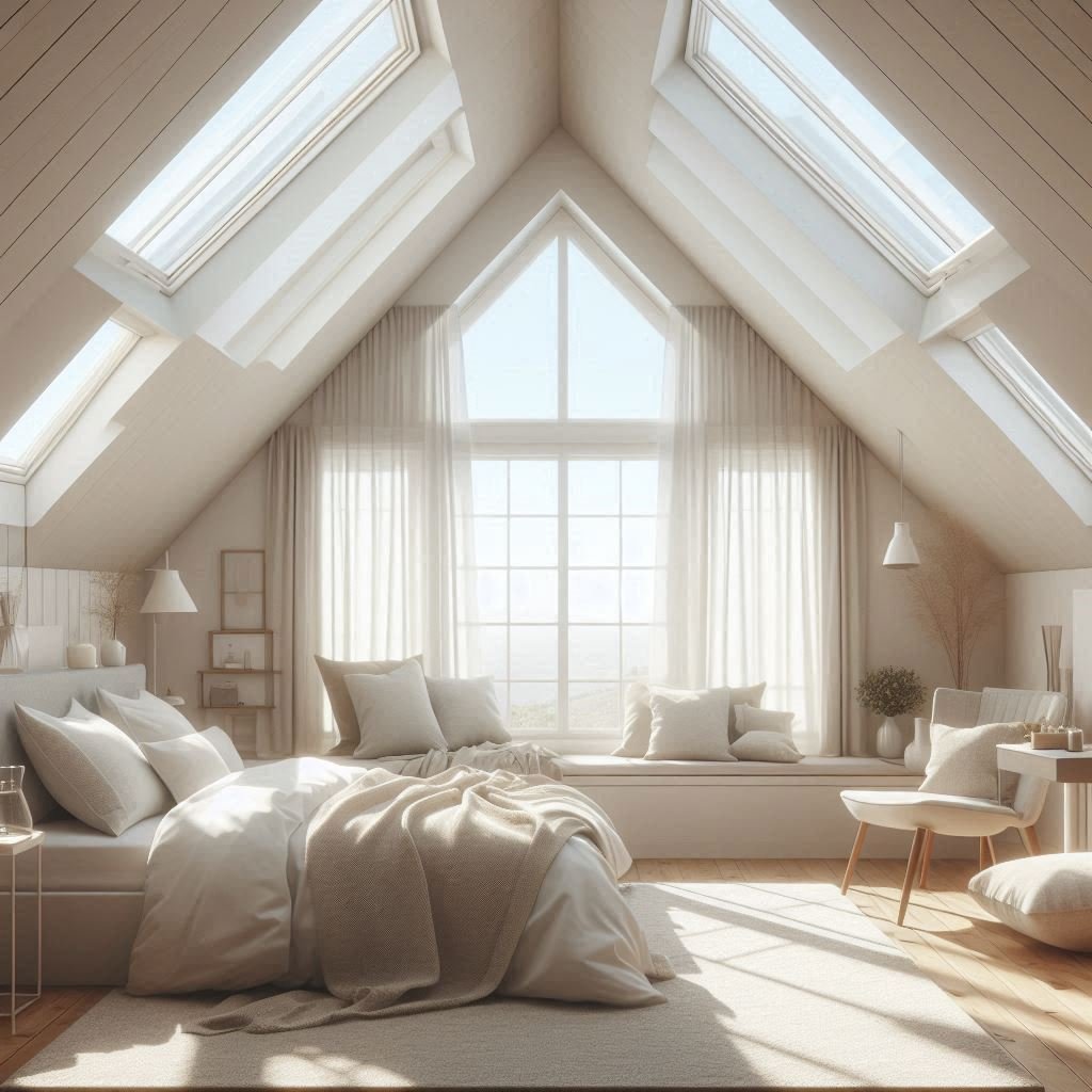 Bright modern attic retreat featuring dormer windows and soft textures