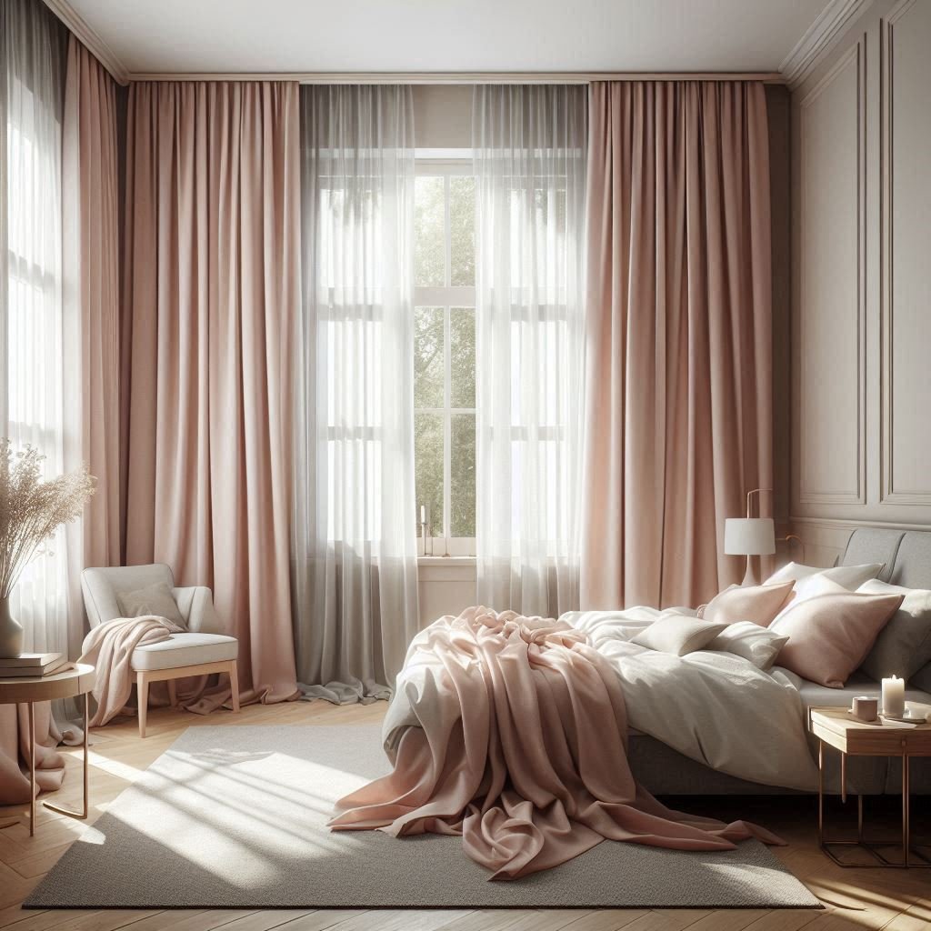 Blush Curtains with Grey Sheer Underlay