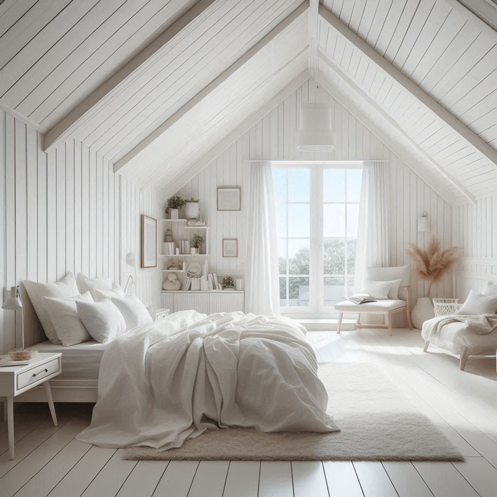 Bright white-painted attic bedroom creating a larger feel