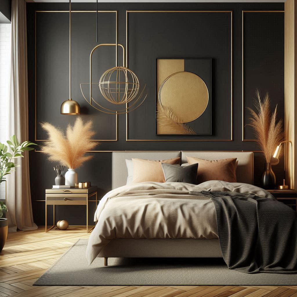 Elegant black bedroom featuring gold decor