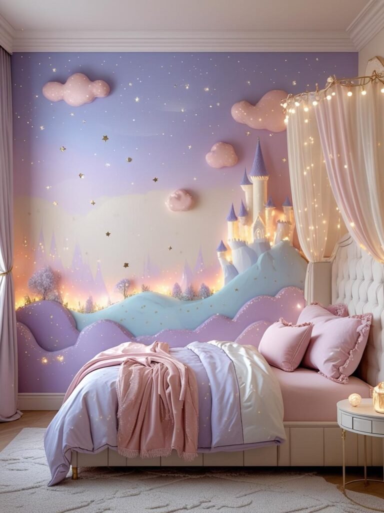 A whimsical girls’ bedroom with a large feature wall mural depicting a soft, enchanted landscape — such as a dreamy castle on a hill, a glowing forest, or a pastel-colored sky with stars and clouds. The mural uses soft tones like lavender, pale blue, blush pink, and cream. The bed is styled with pastel bedding, sheer canopy drapes, and plush cushions. Add a tufted headboard, fairy lights, and gentle accent lighting. The rest of the room features simple furniture in white or soft wood, with gold or brass accents. The overall mood is magical, imaginative, and serene — like stepping into a fairytale world.