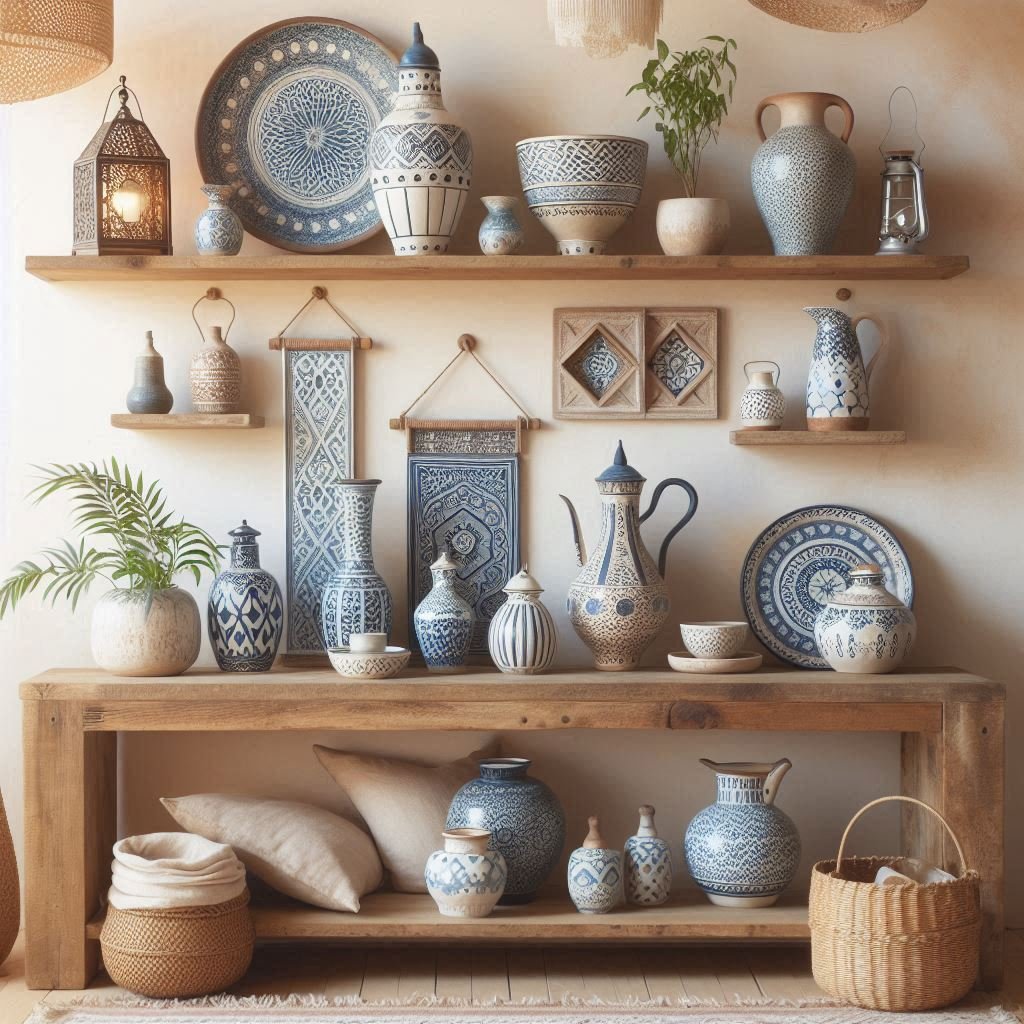 Blue and white pottery styled on rustic shelves
