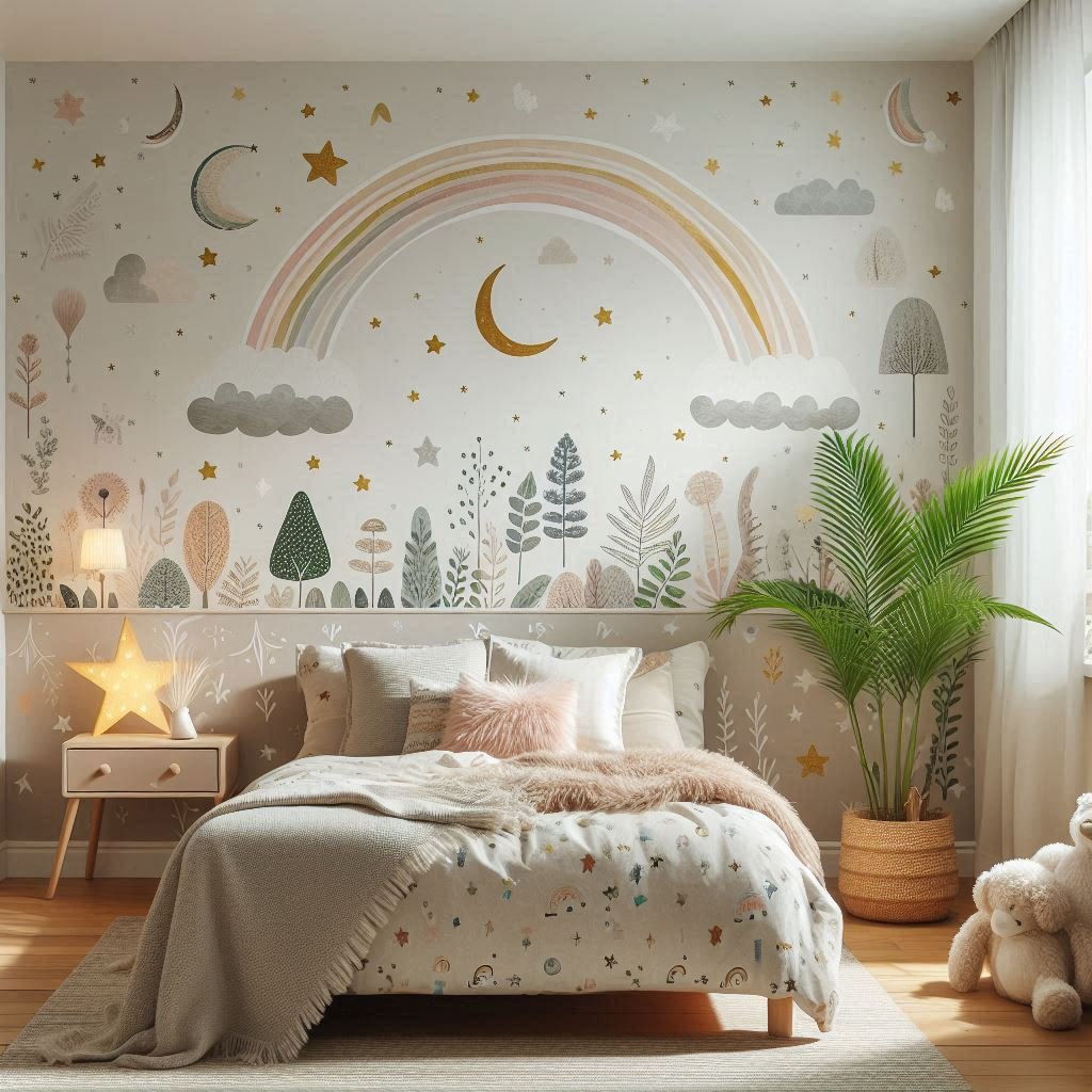"A kids' bedroom with whimsical removable wallpaper or wall decals featuring starry skies, rainbows, or forest scenes. The room has soft neutral furniture, cozy bedding, and playful yet calming boho decor that can grow with the child."