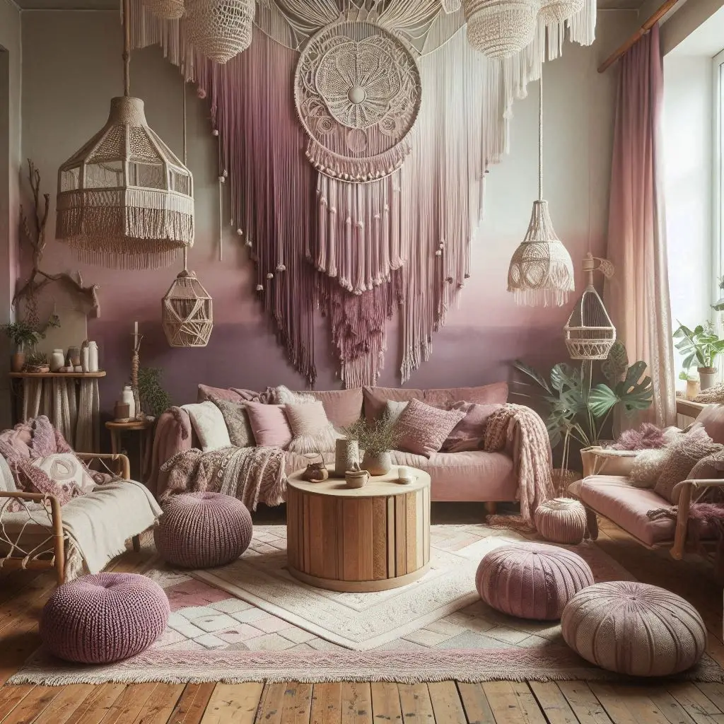 boho pink lounge with floor seating and kilim rug
