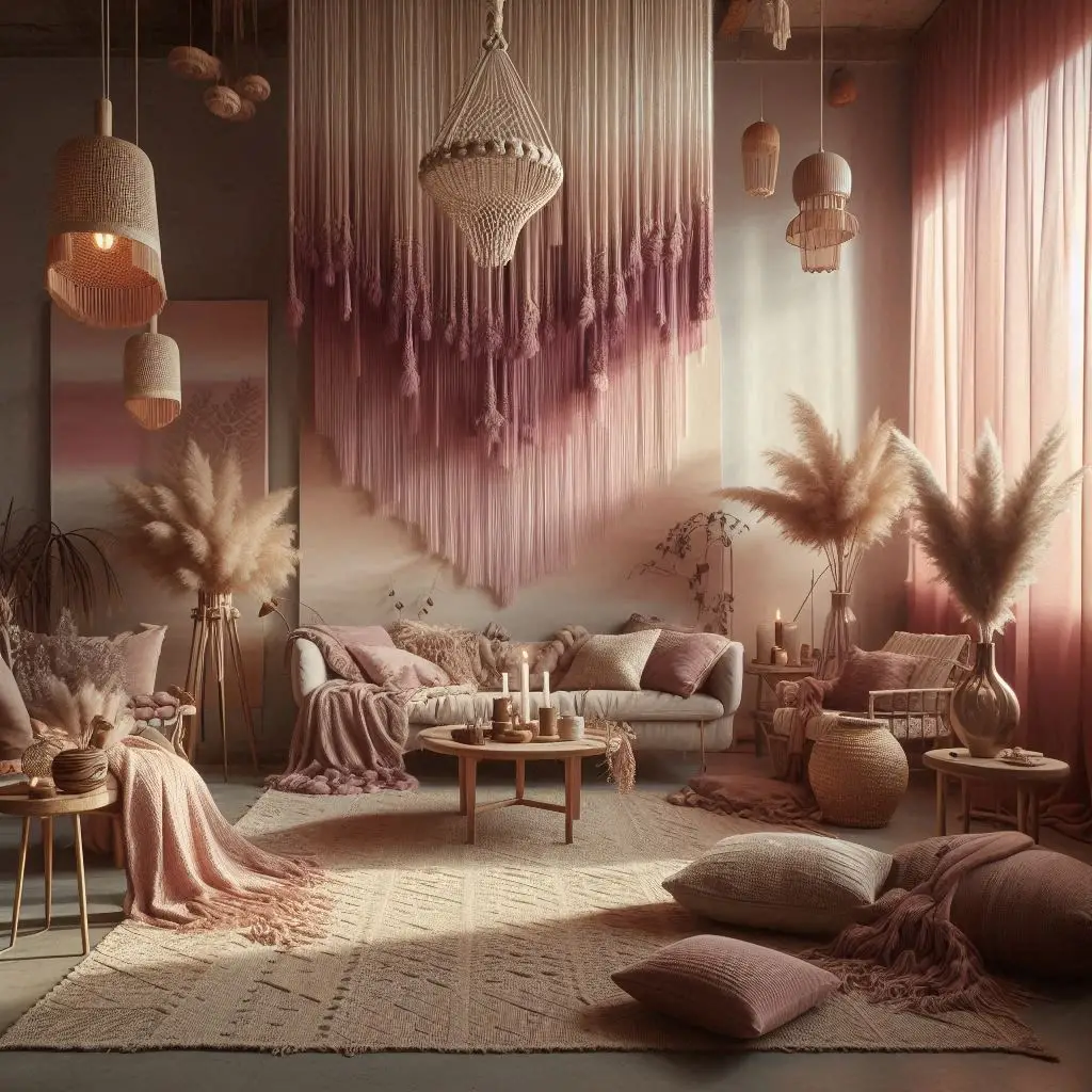 mauve boho living room with ceiling macramé
