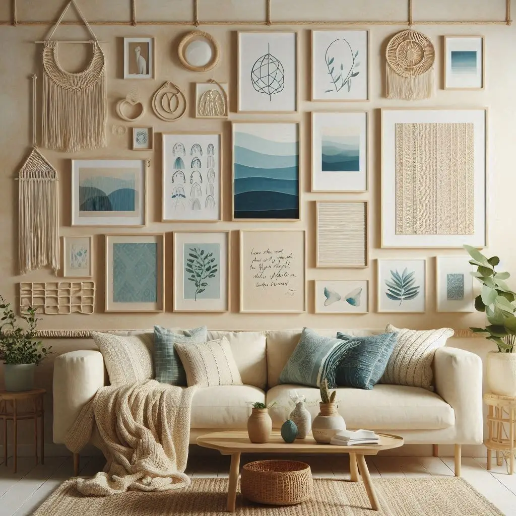 Gallery wall with blue-themed artwork
