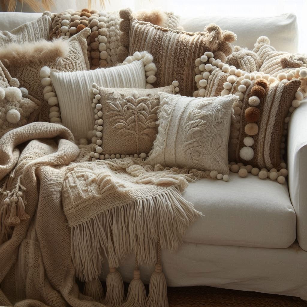 Textured throw pillows in neutral coastal colors on a white sofa
