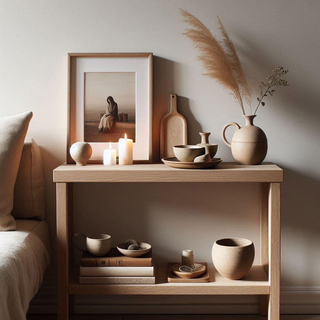 handmade pottery and vintage touches in boho room
