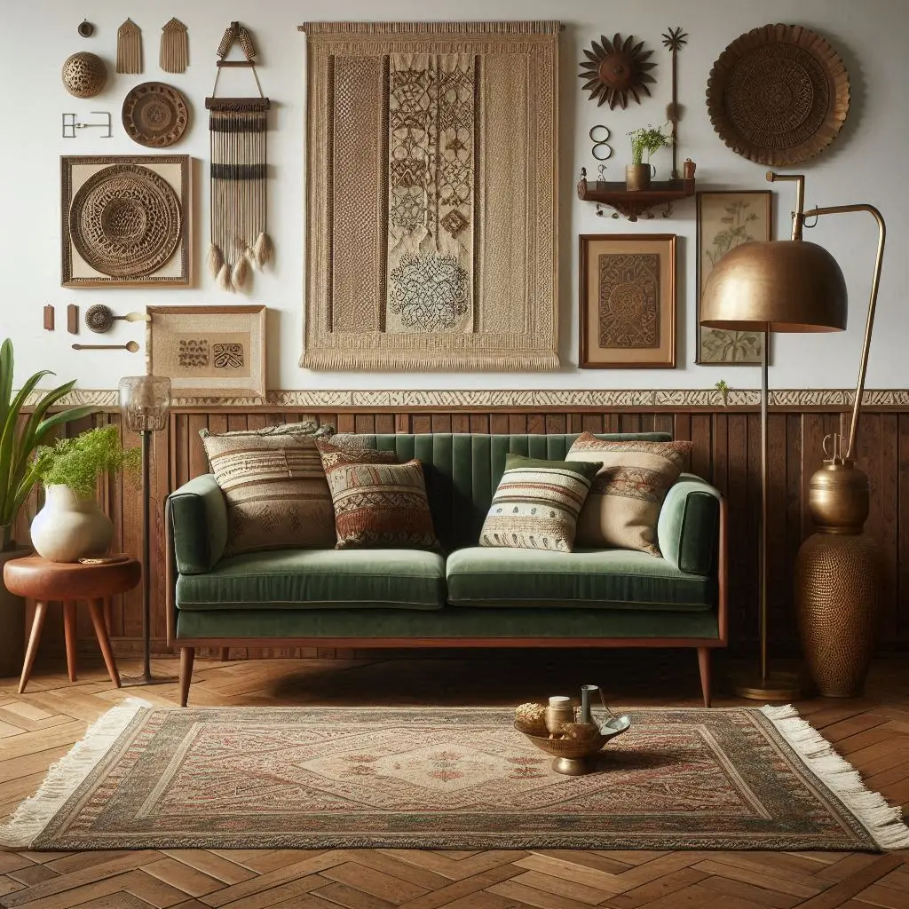 Green velvet couch with antique furniture

