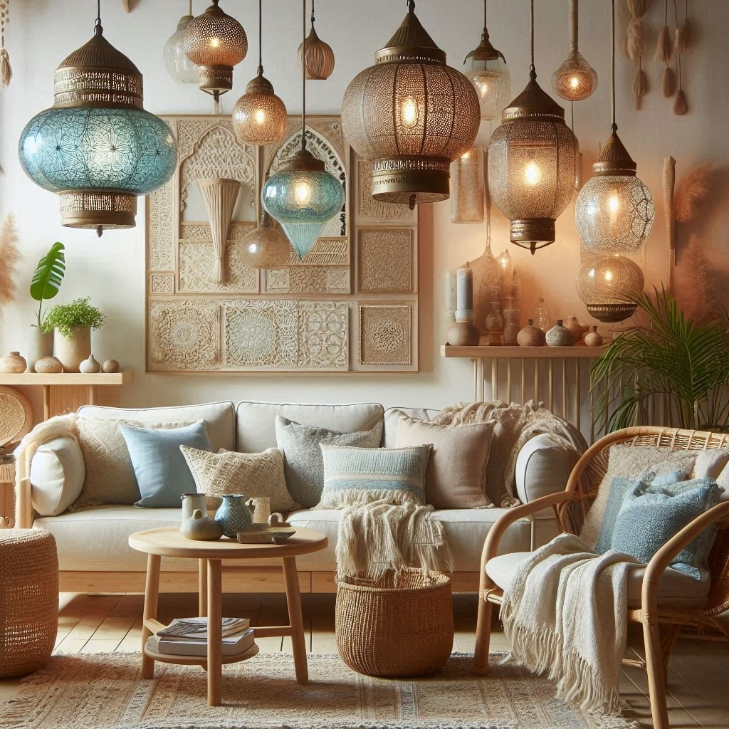 Blue pendant lights in a cozy boho room
