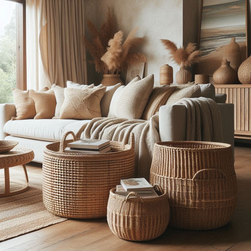 Coastal boho storage using round woven baskets
