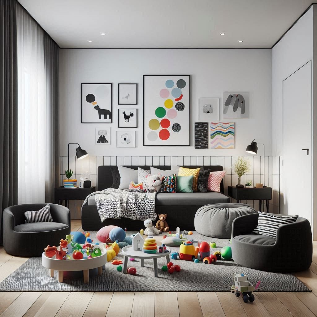 "A modern kids’ room in a monochrome