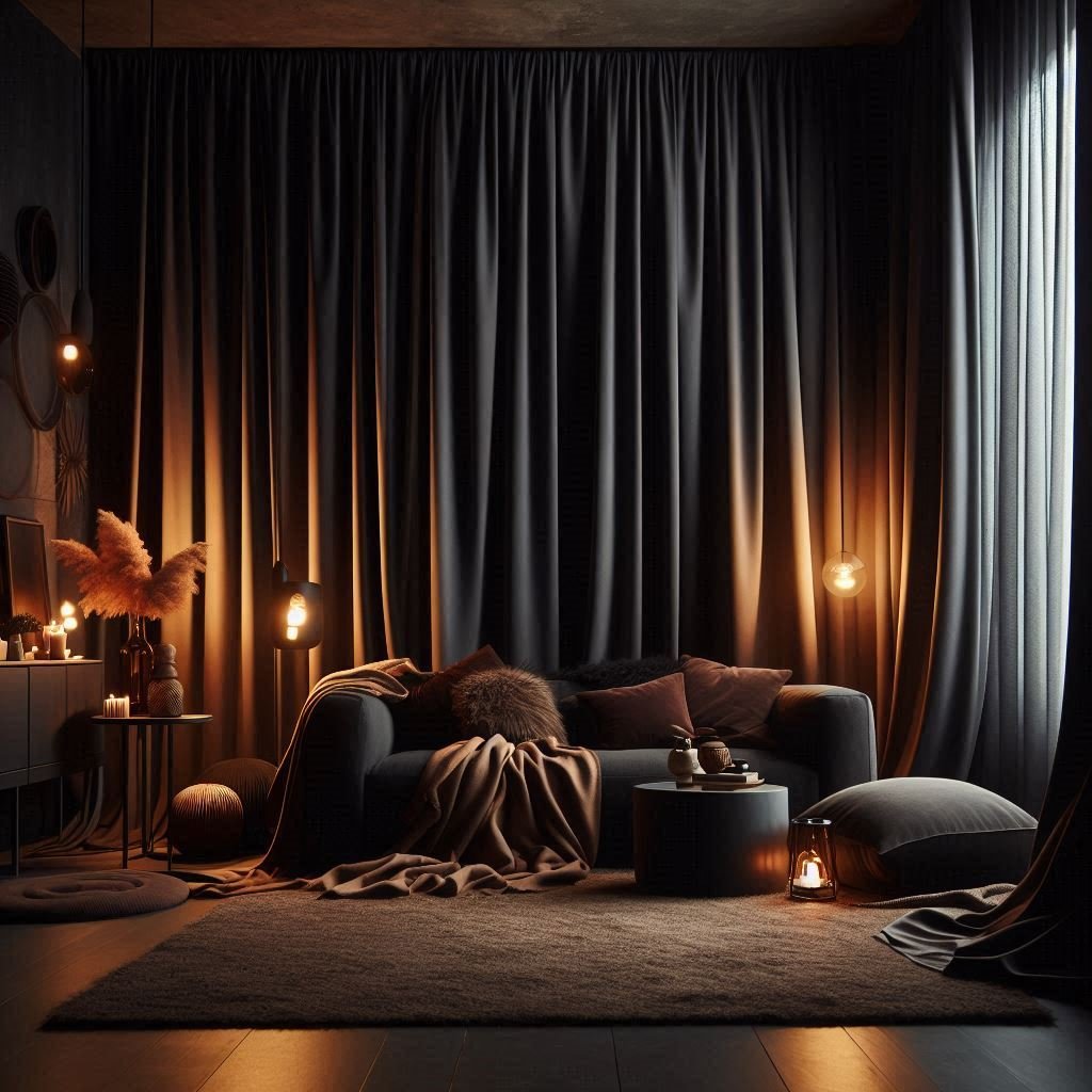 A cozy modern living room with dark curtains .