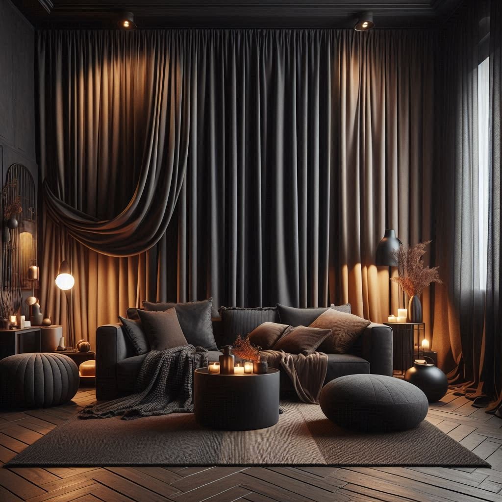 A cozy modern living room with dark curtains