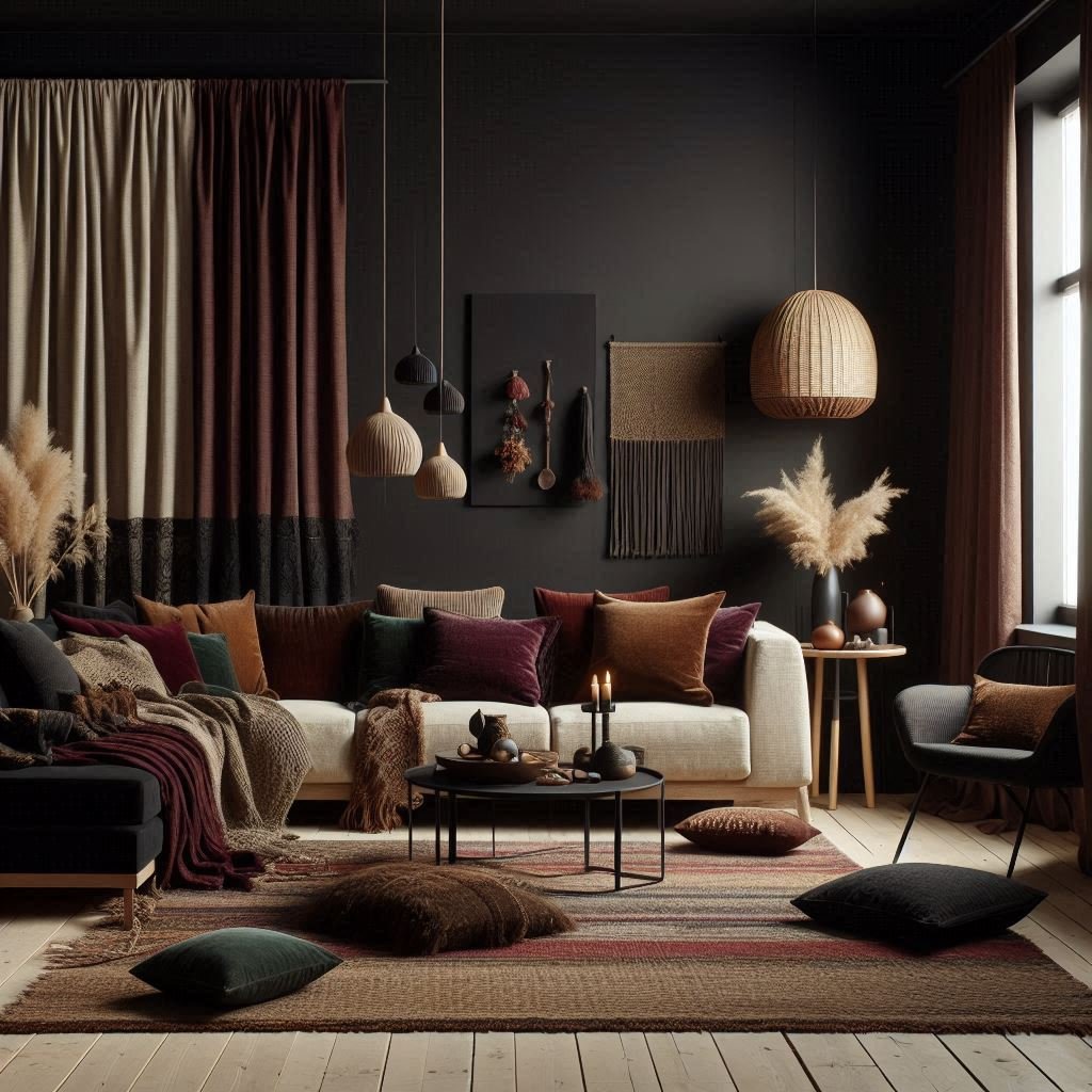 burgundy and olive textiles in black boho room
