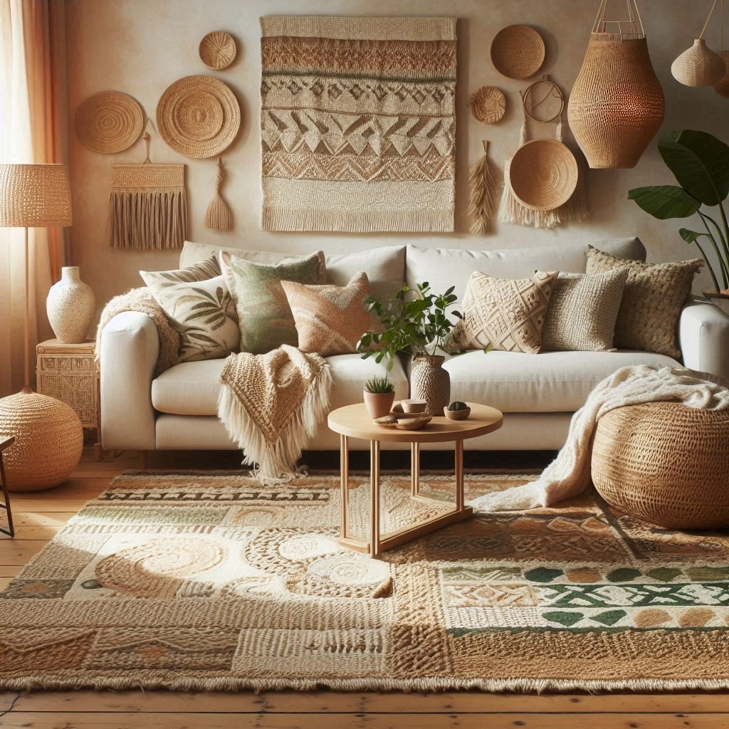 Boho room with jute and kilim rug layers
