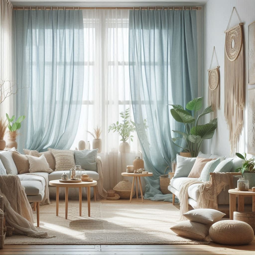 Boho windows with airy blue curtains
