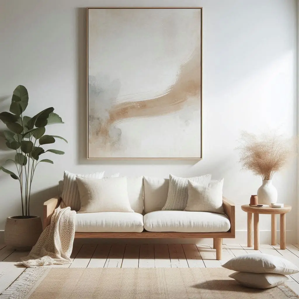 abstract neutral wall art in minimal living room
