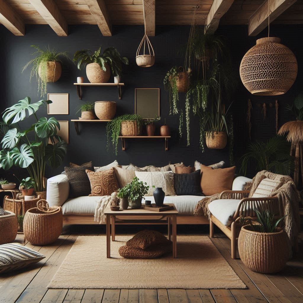 black and wood boho living room with plants
