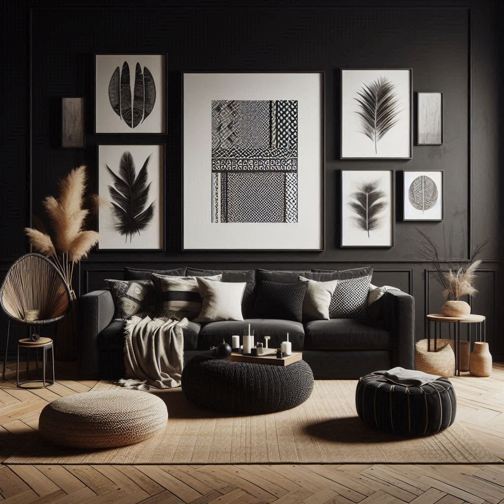 monochrome tribal art on bold black wall
