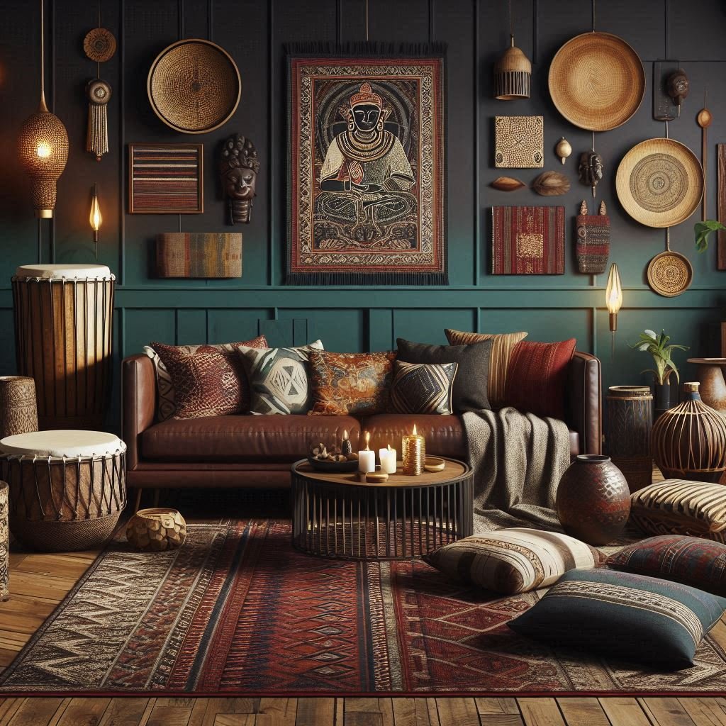 tribal textures and deep colors in boho space
