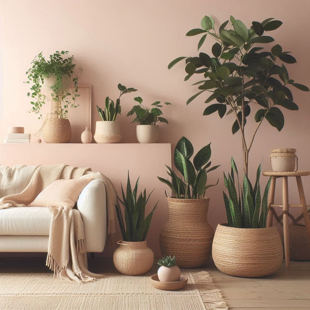 olive tree and rattan accents in serene boho lounge
