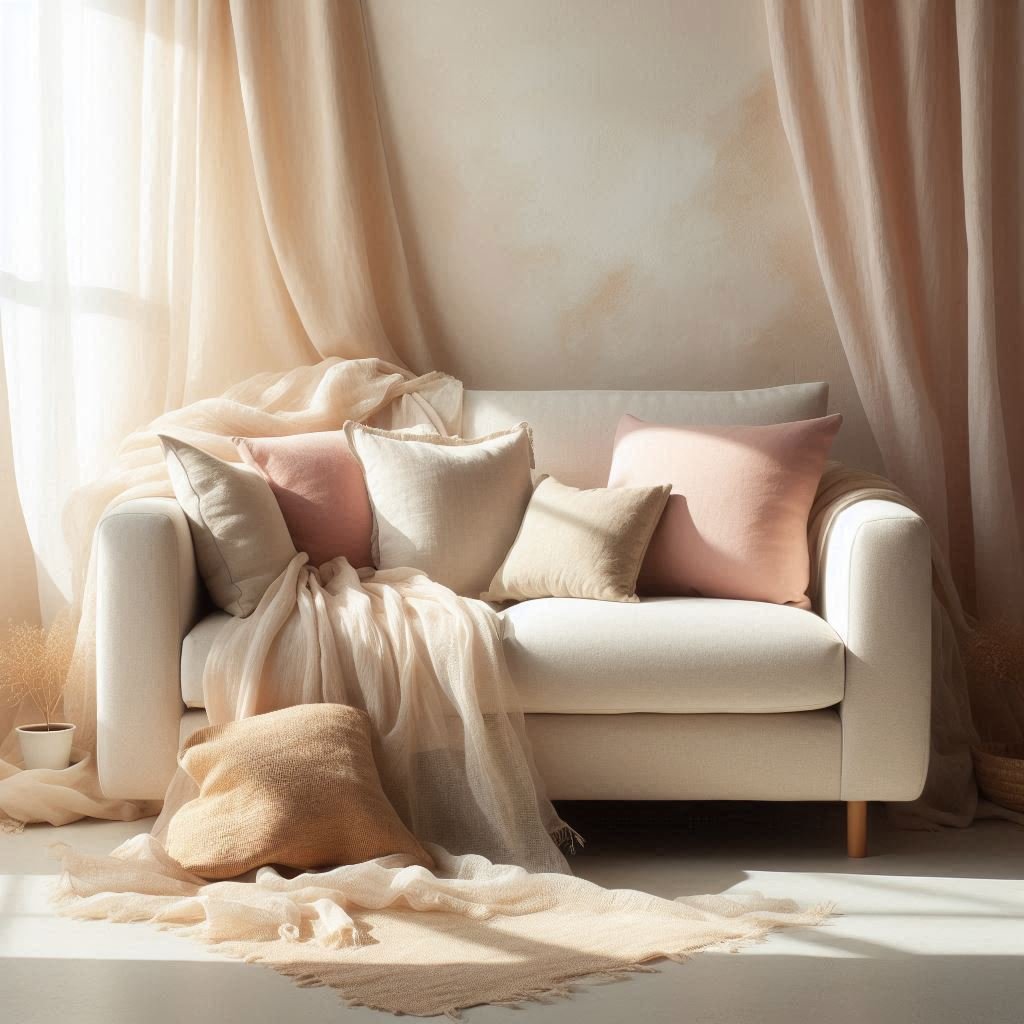 blush and beige cushions in soft boho room
