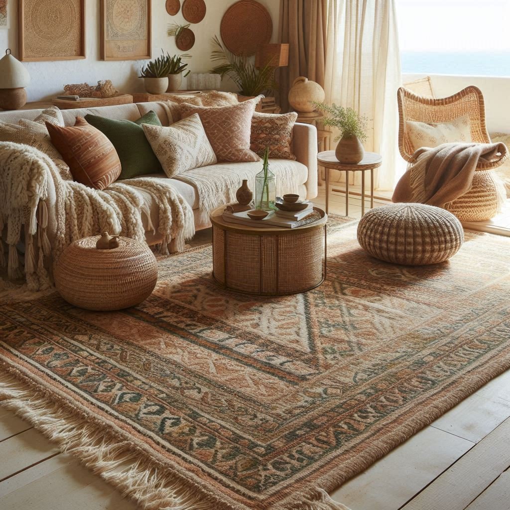 Jute and cotton rug layered in a boho living area
