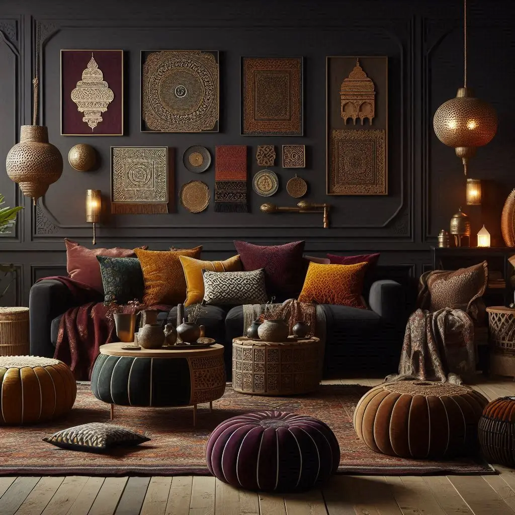 global decor against rich black backdrop living room
