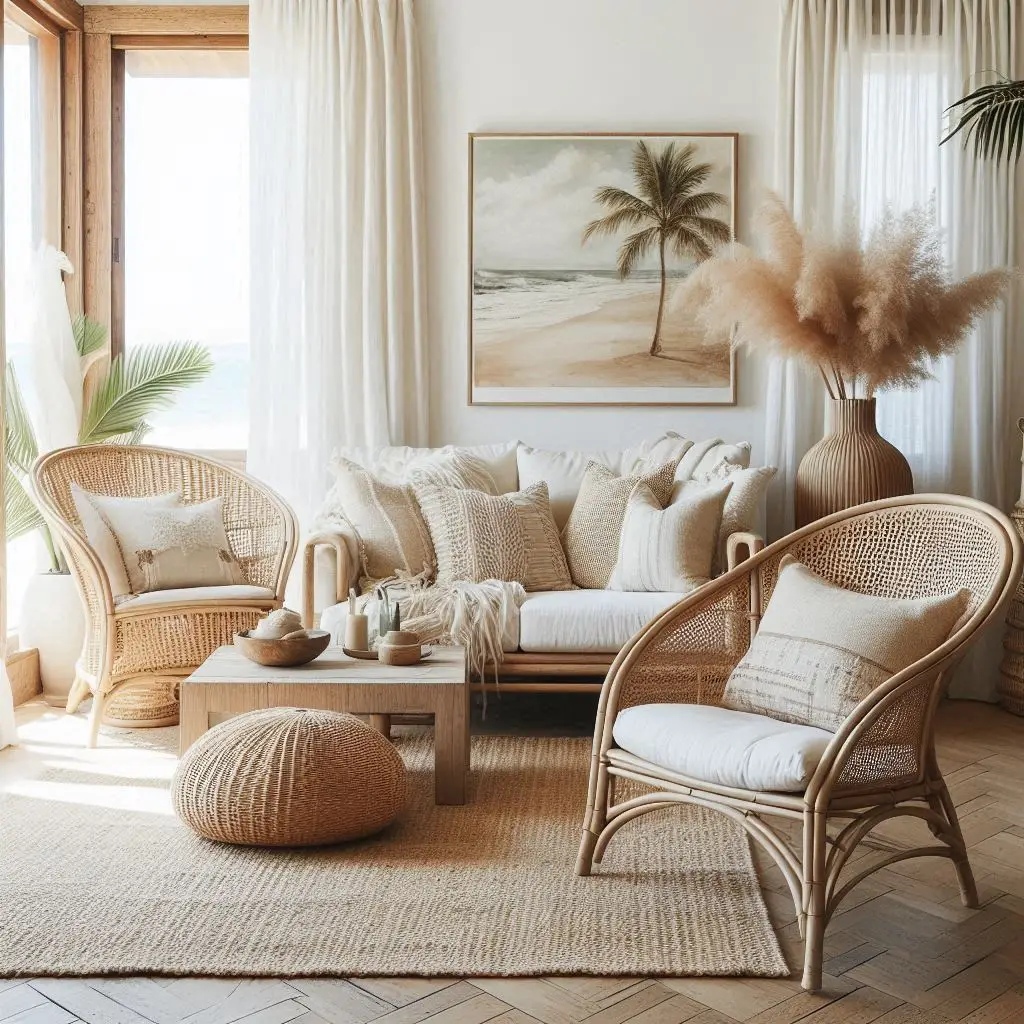 Rattan armchairs in a stylish coastal boho setting

