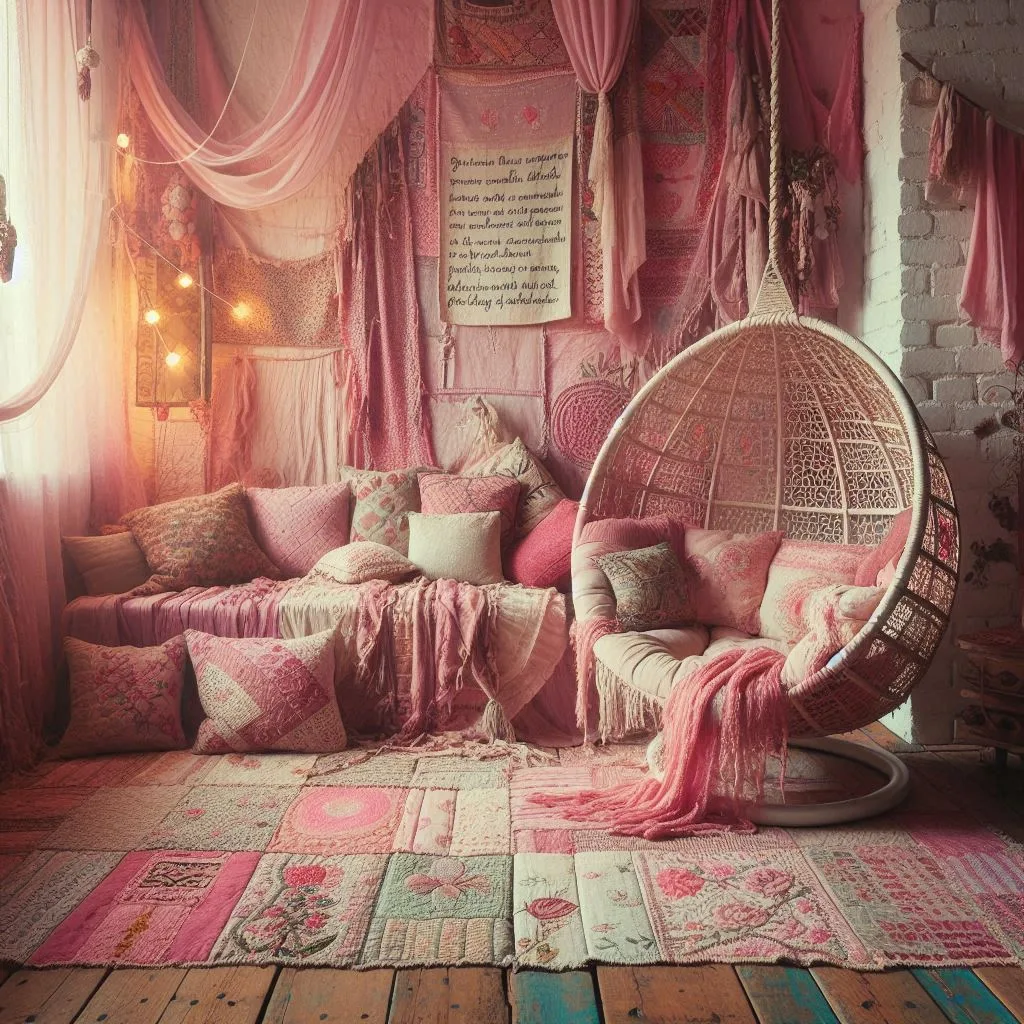gypsy-style pink room with layered textiles
