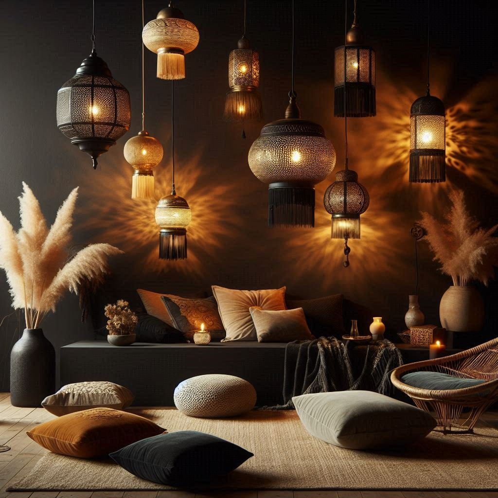 Moroccan lamps casting warm glow in black room
