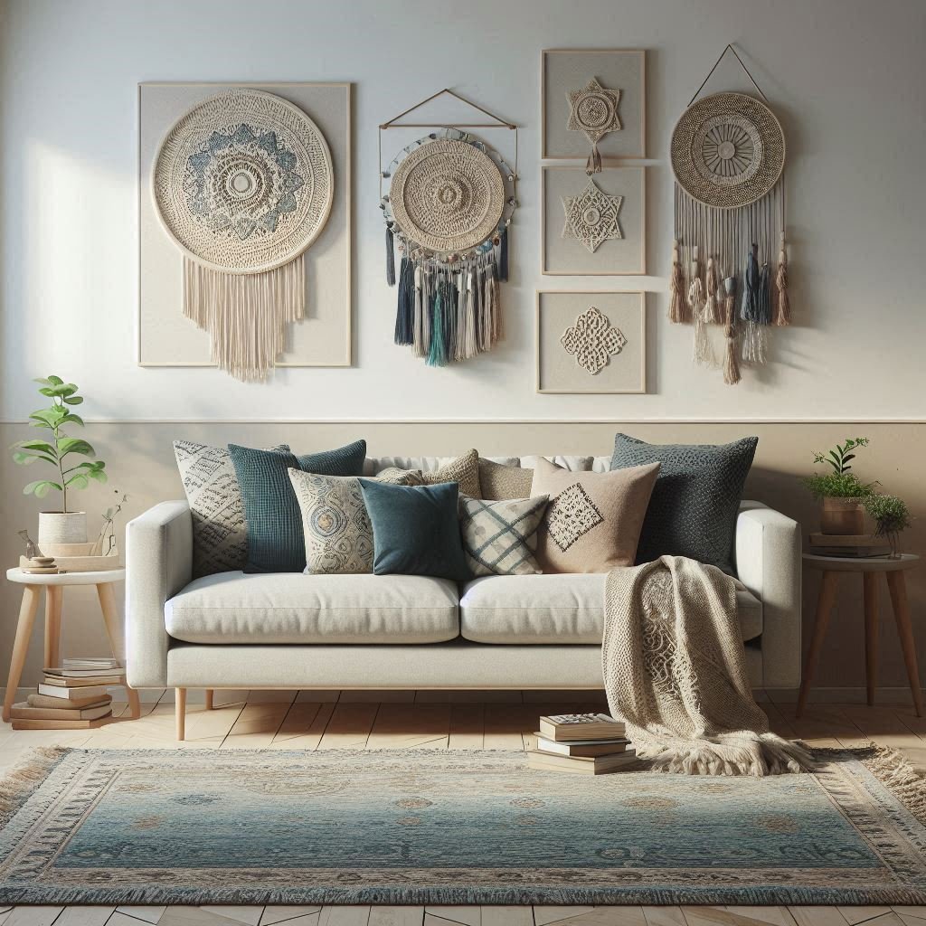 Blue cushions styled on a neutral boho couch
