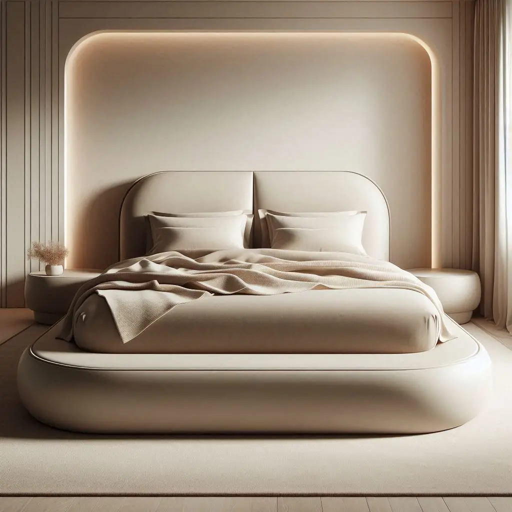 "A modern bedroom featuring a bed with a rounded-edge frame 