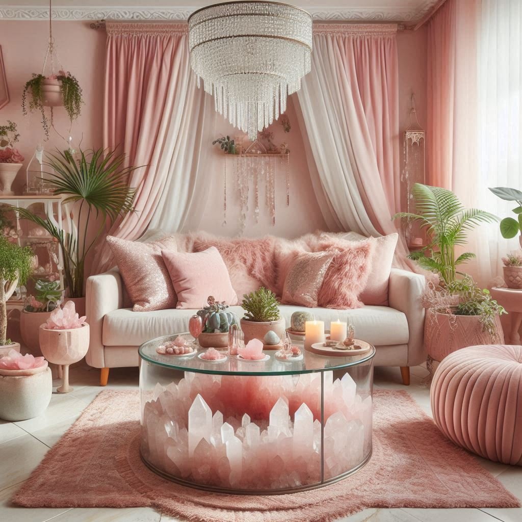 rose quartz decor in pink feminine space
