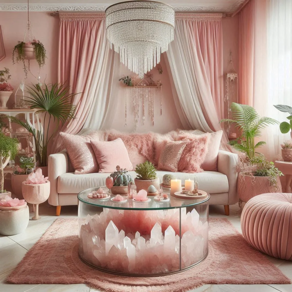 rose quartz decor in pink feminine space
