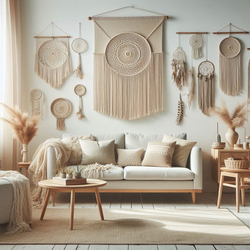 Large macramé hanging in light-toned boho living room
