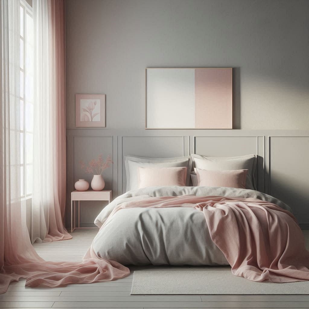 Minimal Grey Room with Blush Bedding Focus