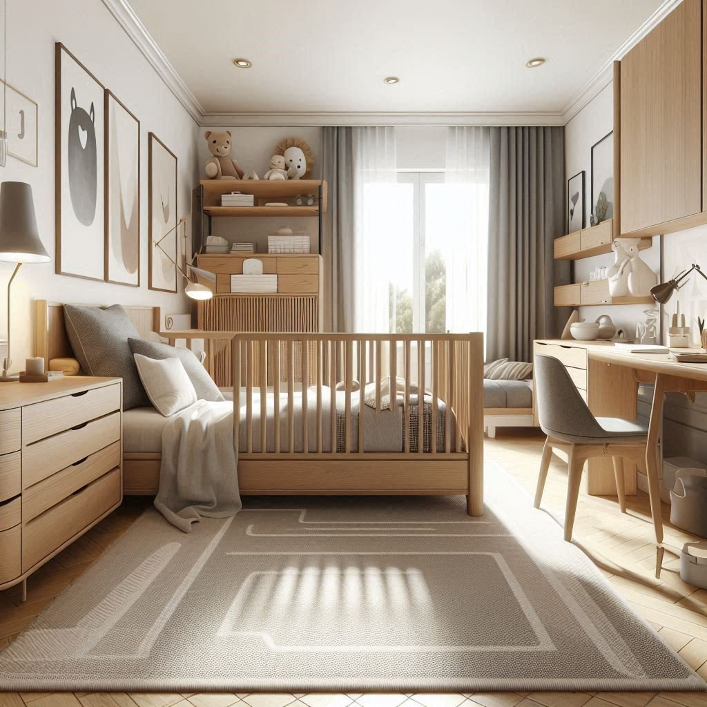"A modern, Pinterest-style kids’ bedroom with timeless, adaptable furniture — a convertible crib that transforms into a bed, an adjustable study desk, and a sleek wood-tone dresser. The room features soft neutral colors, clever storage solutions, and a clean, cozy design that effortlessly grows with the child."