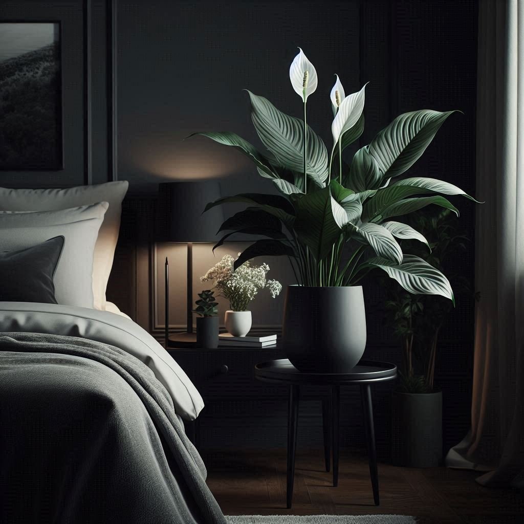 A moody, elegant bedroom with minimalist decor and soft ambient lighting. A Peace Lily in a matte black pot sits on a dresser or nightstand, its dark green leaves and crisp white blooms adding contrast and calm. The space features monochrome tones, plush textures, and clean lines — serene, refined, and perfect for rest. The plant’s graceful shape and air-purifying qualities bring both style and wellness to the room.