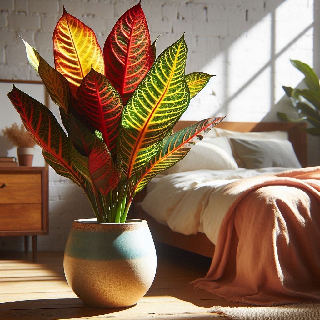  bold Croton sits in a bright bedroom corner, its vibrant red, yellow, and green leaves glowing in the sunlight. Styled in a modern ceramic pot, it brings a tropical burst of color and energy. Its upright shape adds structure and drama—perfect for eclectic, boho, or modern interiors seeking a statement piece
