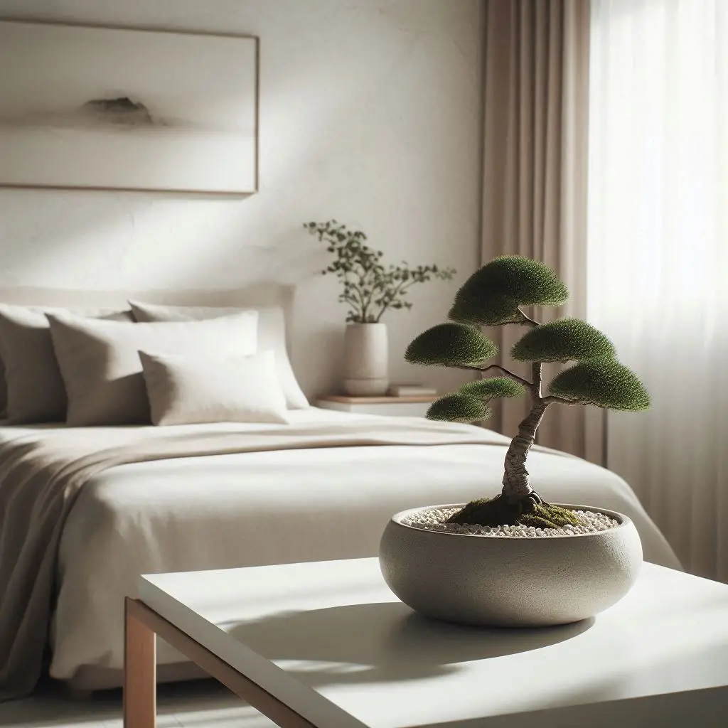 A serene, minimalist bedroom with clean lines and soft, natural light. A miniature bonsai tree in a shallow ceramic tray with gravel sits on a nightstand or desk, adding calm, elegance, and intention to the space. Its sculptural form and textured bark bring a meditative, Japanese-inspired touch. Paired with neutral tones and simple decor, the bonsai becomes a peaceful living artwork in a restful retreat
