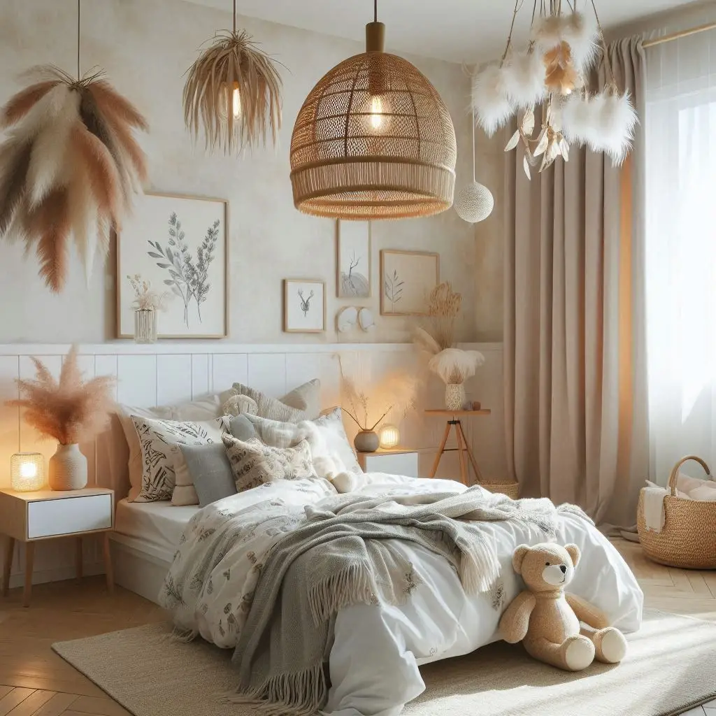 "A kids' bedroom featuring a statement light fixture, such as a rattan pendant, feathered chandelier, or animal-themed ceiling light.