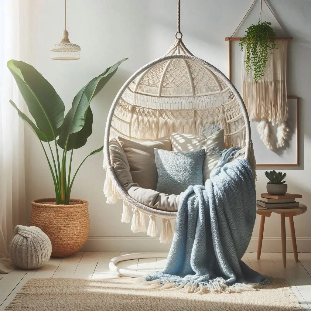 Macramé chair with indigo blankets
