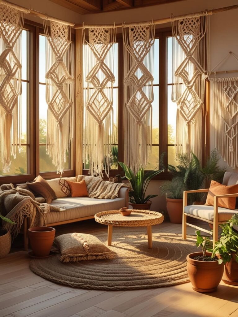 A cozy boho living room with large
